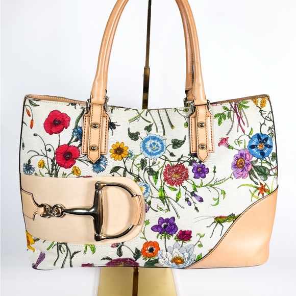 Gucci Flora Tote • Vintage 2005 • Horsebit Canvas & Leather Shoulder Hasler Bag - Picture 1 of 16